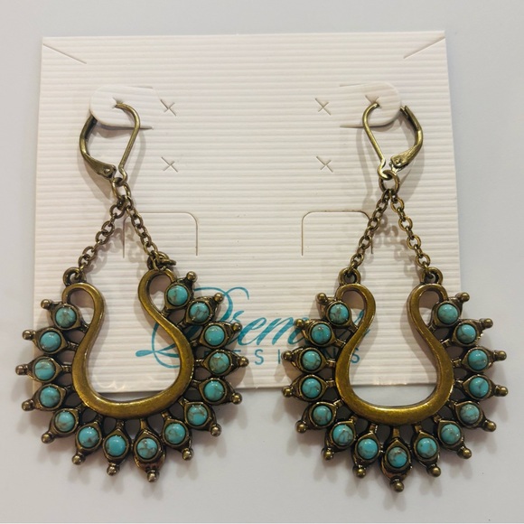 Premier Designs Jewelry - Premier‎ Designs Turquoise Teardrop Sunburst Earrings Antique Gold Tone New Gift